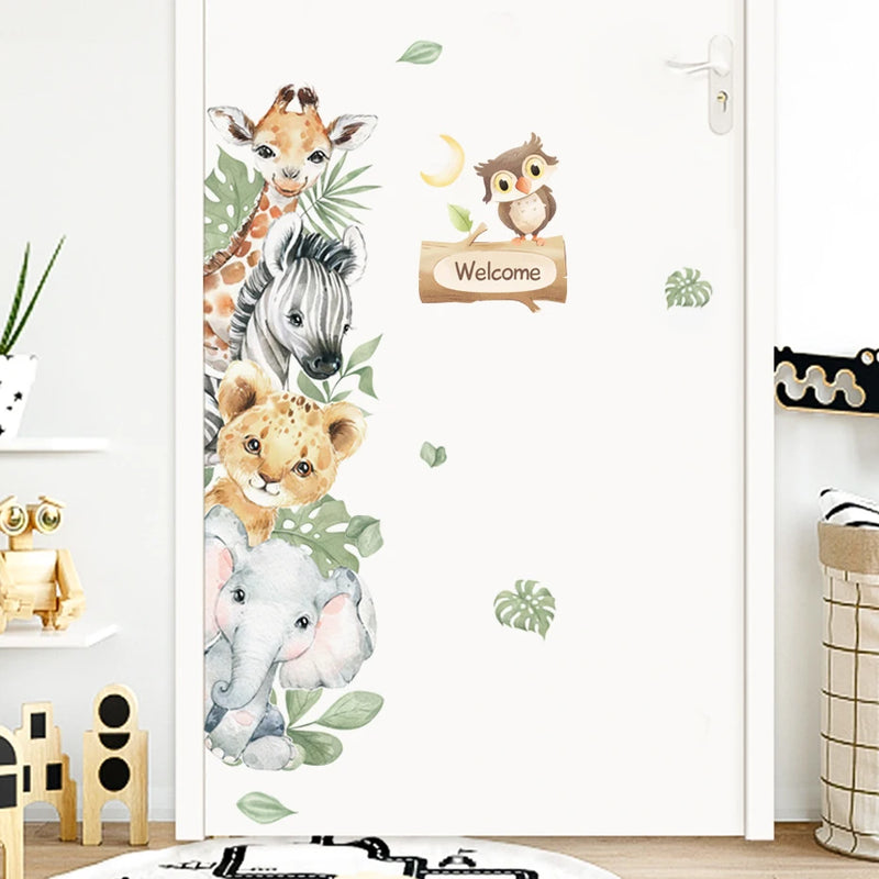 Cartoon Cute African Animals Elephant Lion Leaves Wall Stickers