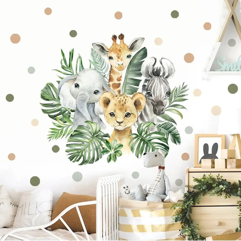 Cartoon Cute African Animals Elephant Lion Leaves Wall Stickers